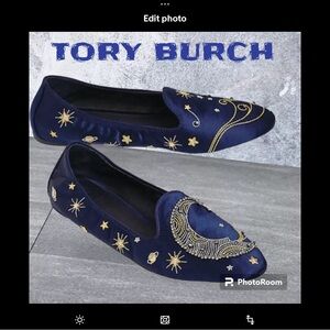 Tory Burch Navy Loafers with Gold Embroidery